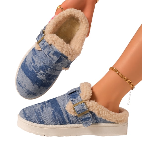 EKVAHL Women's Orthopedic Platform Mule Slippers, Denim Fleece Lined Arch Support Slip On Clogs, Adjustable Buckle Indoor Outdoor Winter House Shoes Blue