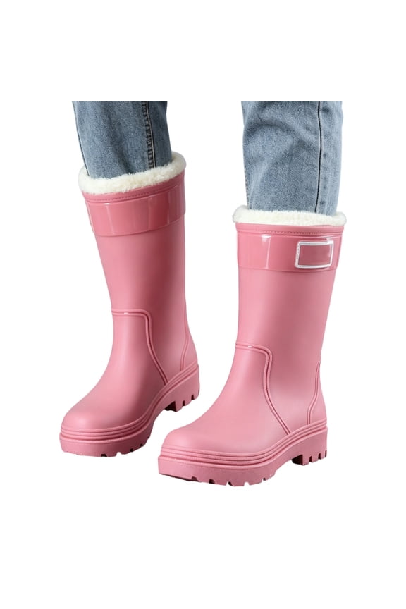 Women's Orthopedic Rain Boots, PVC Mid Calf Fleece Lined Rubber Boots, Warm Outdoor Gardening Walking Shoes Pink
