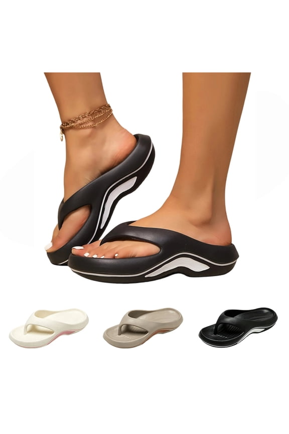 Women's Orthopedic Recovery Flip Flops, Arch Support Pillow Soft Slides, Non-Slip Thick Cushioned Summer Beach Sandals with Shock Absorbing Sole Black