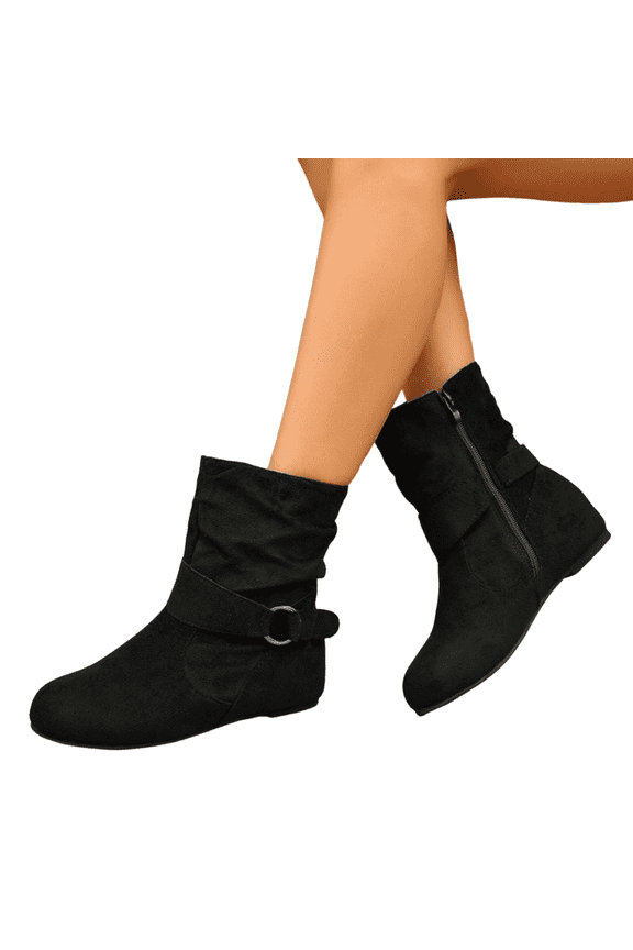 Women's Orthopedic Slip On Ankle Booties, Soft Suede Mid Calf Boots, Low Hidden Wedge Indoor Outdoor Daily Walking Boots Black