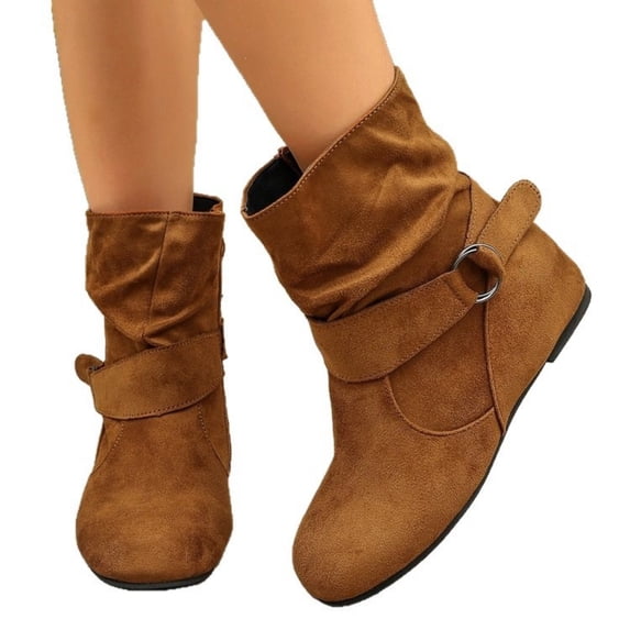EKVAHL Women's Orthopedic Slip On Ankle Booties, Soft Suede Mid Calf Boots, Low Hidden Wedge Indoor Outdoor Daily Walking Boots Brown