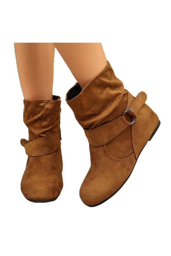 Women's Orthopedic Slip On Ankle Booties, Soft Suede Mid Calf Boots, Low Hidden Wedge Indoor Outdoor Daily Walking Boots Brown