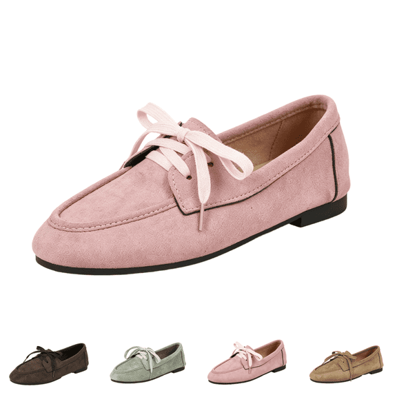 EKVAHL Women's Orthopedic Slip‑On Loafers, Faux Suede Lace‑Up Boat Shoes, Low Heel Arch Support Wide Width Lightweight Casual Loafers Pink