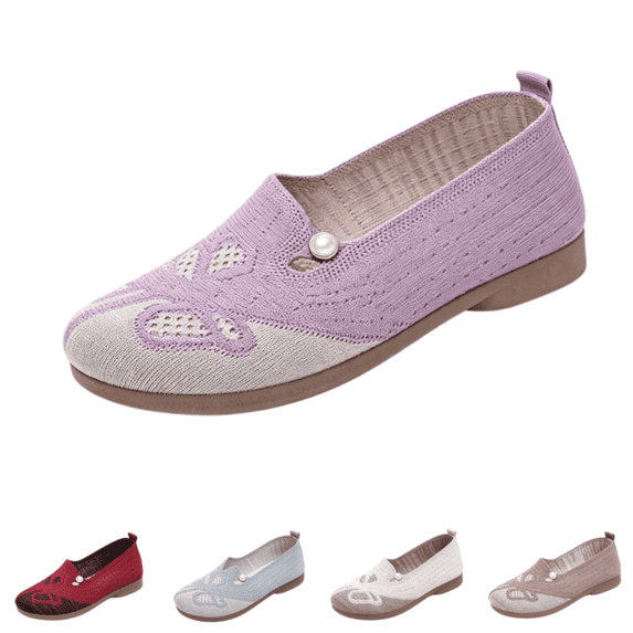 EKVAHL Women's Orthopedic Slip‑On Loafers, Knit Floral Hollow Flat Shoes, Flat Non‑Slip Arch Support Wide Width Casual Dress Loafers Purple