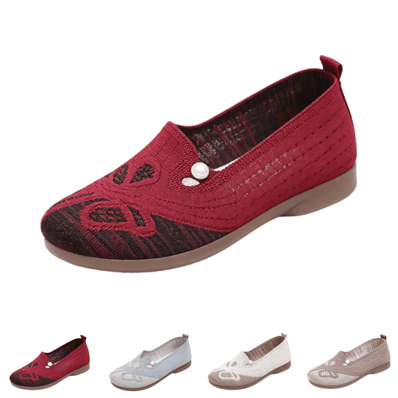 EKVAHL Women's Orthopedic Slip‑On Loafers, Knit Floral Hollow Flat Shoes, Flat Non‑Slip Arch Support Wide Width Casual Dress Loafers Red