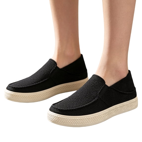 EKVAHL Women's Orthopedic Slip On Loafers, Woven Non Slip Canvas Mules, Arch Support Soft Flat Sole Travel Daily Outdoor Walking Flats Black