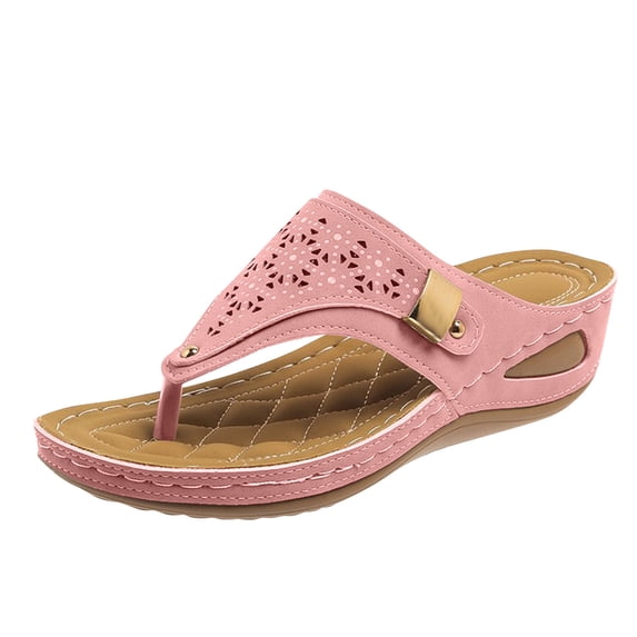EKVAHL Women's Orthopedic Thong Wedge Sandals, Cutout Strap Buckle Anti-Slip Flip Flops, Arch Support Comfortable Dressy Casual Walking Summer Slippers Pink