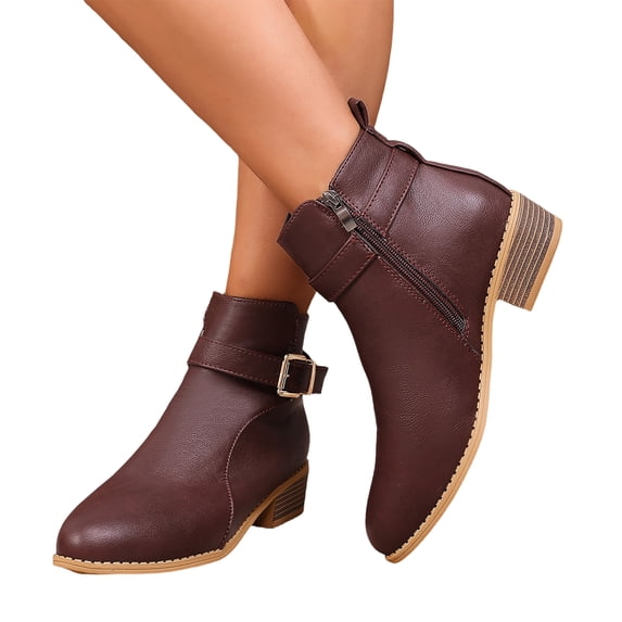 EKVAHL Women's Orthopedic Walking Ankle Boots, Buckle Strap Low Heel Booties, Arch Support Wide Fit Round Toe Vintage Daily Outdoor Casual Short Boots Red