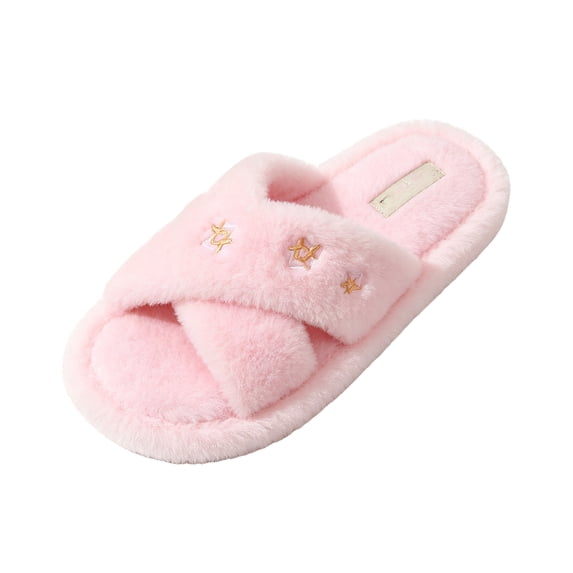 EKVAHL Women's Orthopedic Walking Slides, Soft Fuzzy Cross Band Plush Slippers, Arch Support Memory Foam Open Toe Bedroom Indoor Casual House Slides Pink