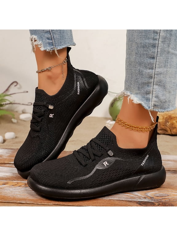 Women's Orthopedic Walking Sneakers, Lace Up Stretch Knit Mesh Athletic Loafers, Arch Support Wide Width Gym Fitness Daily Travel Shoes Black