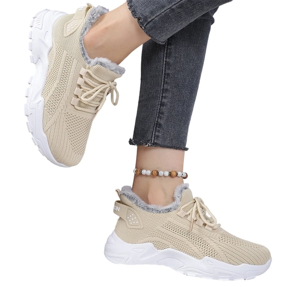 EKVAHL Women's Orthopedic Walking Sneakers, Non‑Slip Knit Mid Top Shoes, Lightweight Arch Support Sneakers For Work Gym Beige