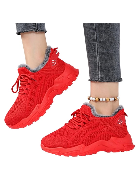 Women's Orthopedic Walking Sneakers, NonโSlip Knit Mid Top Shoes, Lightweight Arch Support Sneakers For Work Gym Red