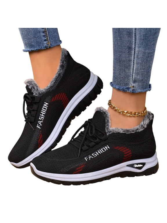 Women's Orthopedic Warm Walking Sneakers, Breathable Knit Mesh Trainers, Fleece Lined Outdoor Winter Daily Casual Shoes Black