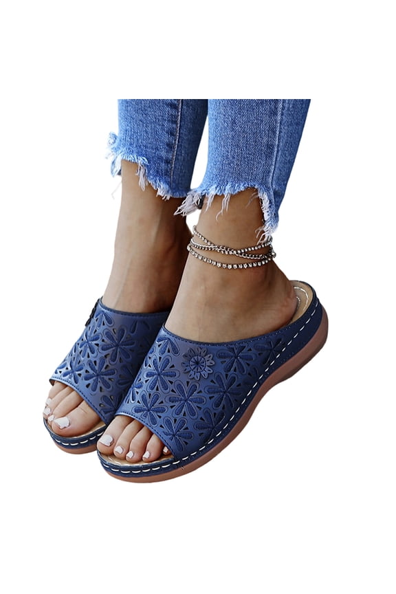 Women's Orthopedic Wedge Slides, Open Toe Floral Cutout Sandals, Leather Non-Slip Summer Beach Platform Walking Flats Shoes Blue