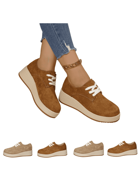 Women's Orthopedic Wedge Sneakers, Faux Suede Lace‑Up Platform Office Sneakers, Rounded Toe Outdoor Walking Sneakers Brown