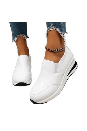Women's Orthopedic Wedge Walking Shoes, Slip‑On Arch Support Tennis Sneakers, Faux Leather Wide Width Platform Sneakers White