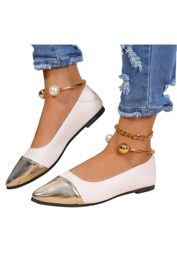 Women's Pearl Strap Mary Janes, Closed Toe Low Heeled Shallow Shoes, Two-Tone Comfortable Flat Shoes for Work Dating and Party Beige