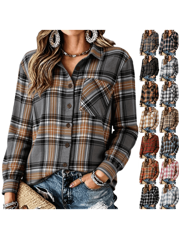 Women's Plaid Flannel Shirt Long Sleeve Collared Button Down Top Fall Western Going Out Cowgirl Blouse Fashion Colorful Plaid Shirt Gray M