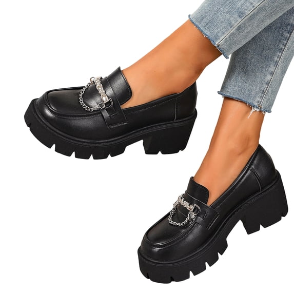 EKVAHL Women's Platform Chunky Loafers, Faux Leather Slip‑On Dress Loafers, Lug Sole Round Toe Casual Walking Shoes Black