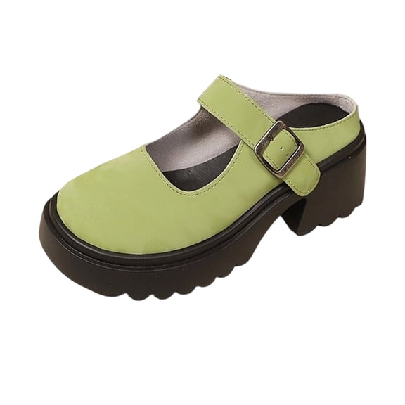 EKVAHL Women's Platform Mary Jane Mules, Adjustable Metal Buckle Oxfords, Lug Sole Chunky Block Heel Daily Outdoor Walking Mules Green