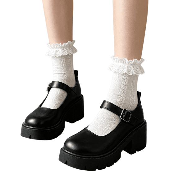 EKVAHL Women's Platform Mary Janes, Chunky Heel Dress Shoes, Adjustable Strap Casual Daily Uniform Shoes Black