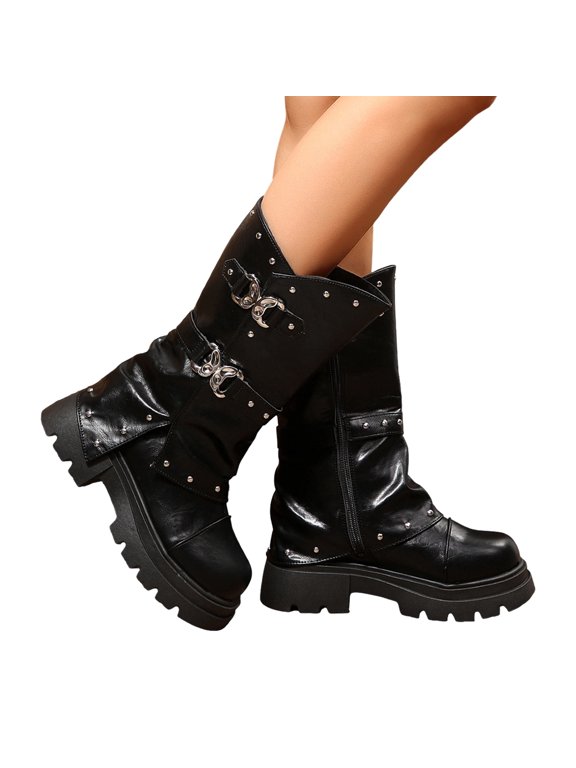 Women's Platform Mid‑Calf Boots, Faux Leather Orthopedic Biker Boots, Lug Sole Retro Party Riding Booties Black