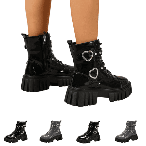 EKVAHL Women's Platform Non‑Slip Boots Faux Patent Leather Goth Booties Lug Sole Lace‑Up Heart‑Shaped Metal Buckle Decor Stable Ankle Boots Black
