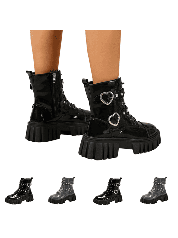 Women's Platform Non‑Slip Boots Faux Patent Leather Goth Booties Lug Sole Lace‑Up Heart‑Shaped Metal Buckle Decor Stable Ankle Boots Black