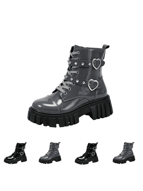Women's Platform Non‑Slip Boots Faux Patent Leather Goth Booties Lug Sole Lace‑Up Heart‑Shaped Metal Buckle Decor Stable Ankle Boots Gray