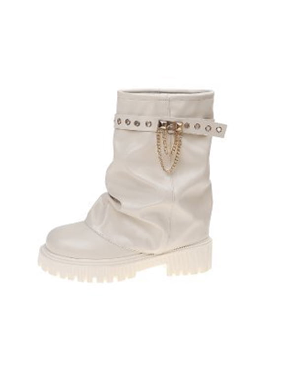Women's Platform Slouchy Boots, Faux Leather Goth Style Combat Boots, Low Heel Fall Winter Daily Street Riding Boots White