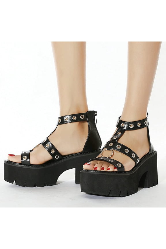 Women's Platform Walking Sandals, Faux Leather Gothic Strappy Pumps, Metal Eyelet Ring Buckle Chunky Block Heel Street Punk Party Daily Summer Sandals Black