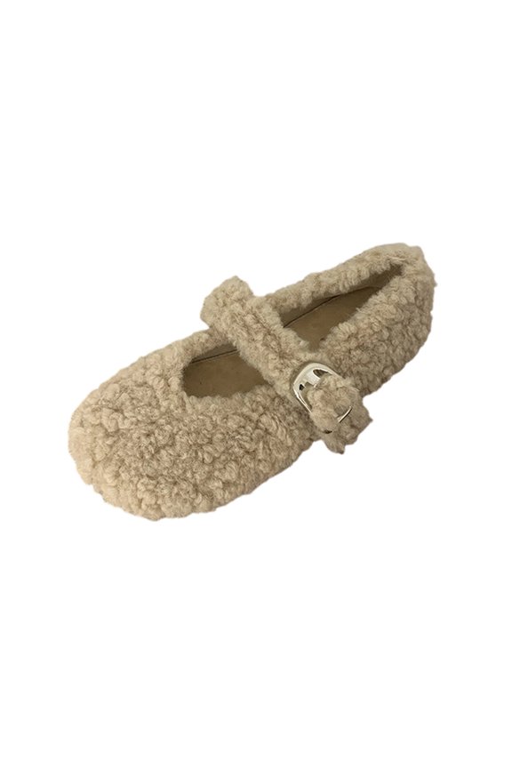Women's Plush Lined Mary Jane Clogs, Metal Buckle Slip On Slides, Round Toe Warm Fuzzy Winter Office Commute Clogs Brown