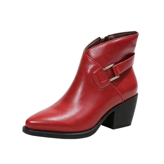 EKVAHL Women's Pointed Toe Ankle Boots, Chunky Mid Heel Zip Booties, Short Boots for Office Fall Occasions Red