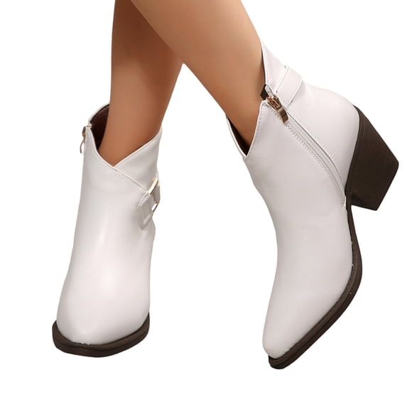 EKVAHL Women's Pointed Toe Ankle Boots, Chunky Mid Heel Zip Booties, Short Boots for Office Fall Occasions White
