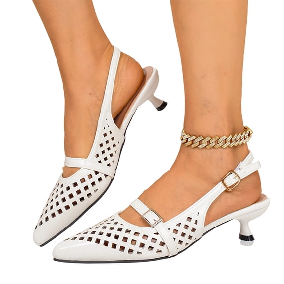 EKVAHL Women's Pointed Toe Cutout Slingback Kitten Heel Pumps, Adjustable Buckle Strap Perforated Low Heel Sandals, Elegant Slip On Dress Shoes Comfort Lightweight Summer Heels Shoes