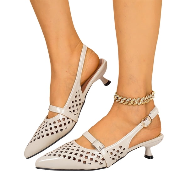 EKVAHL Women's Pointed Toe Cutout Slingback Kitten Heel Pumps, Adjustable Buckle Strap Perforated Low Heel Sandals, Elegant Slip On Dress Shoes Comfort Lightweight Summer Heels Shoes