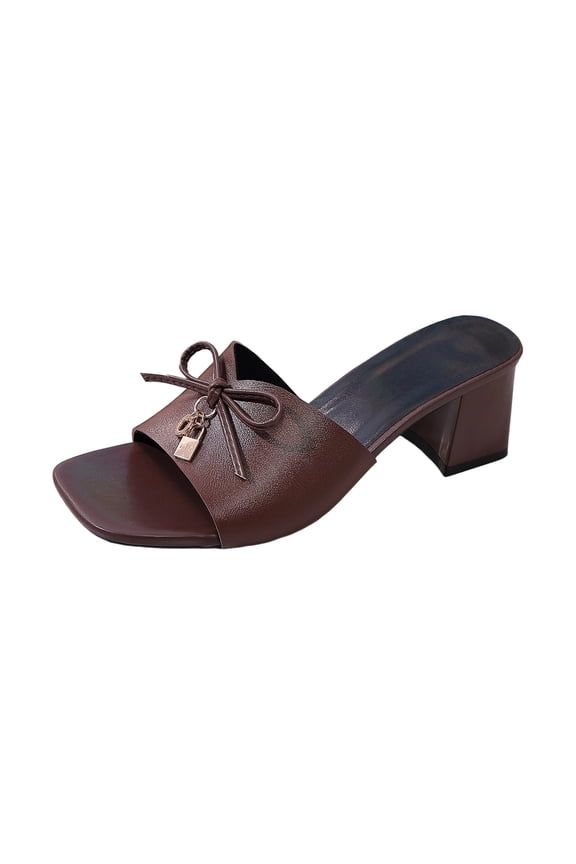 Women's Raffia Heeled Sandals Bow Square Open Toe Slip On Mules Chunky Block Heels with Metal Chain Dressy Shoes for Summer Vacation Brown