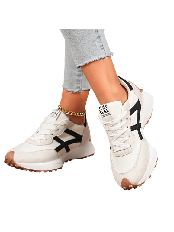 Women's Retro Fashion Sneakers, Lace-Up Casual Non Slip Running Shoes, Platform Athletic Rubber Sole Walking Tennis Footwear White
