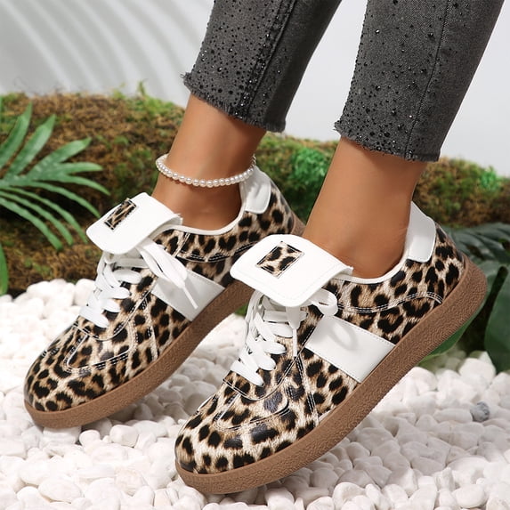 EKVAHL Women's Retro Orthopedic Sneakers, Lace‑Up Leopard Print Tennis Shoes, Wide Width Walking Shoes For Street Outfit Daily Brown