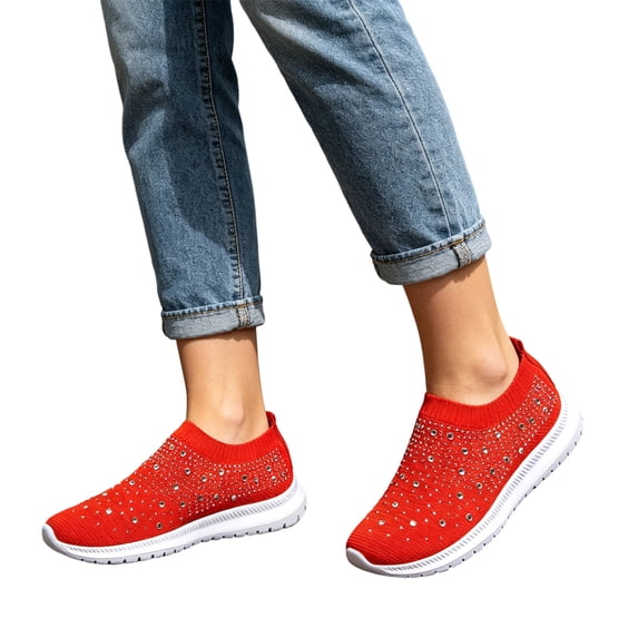 EKVAHL Women's Rhinestone Knit Sneakers, Slip-On Sock Sneaker Nurse Shoes, Breathable Mesh Orthopedic Non-Slip Sport Shoes, Arch Support Indoor Outdoor Walking Shoes Red