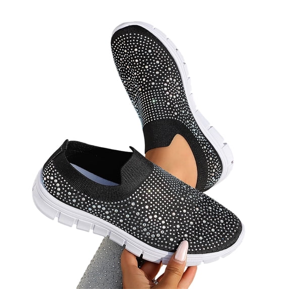 EKVAHL Women's Rhinestone Sneakers, Slip On Mesh Bling Walking Shoes, Breathable Fashion Casual Footwear for Daily, Party & Outdoor Activities Black