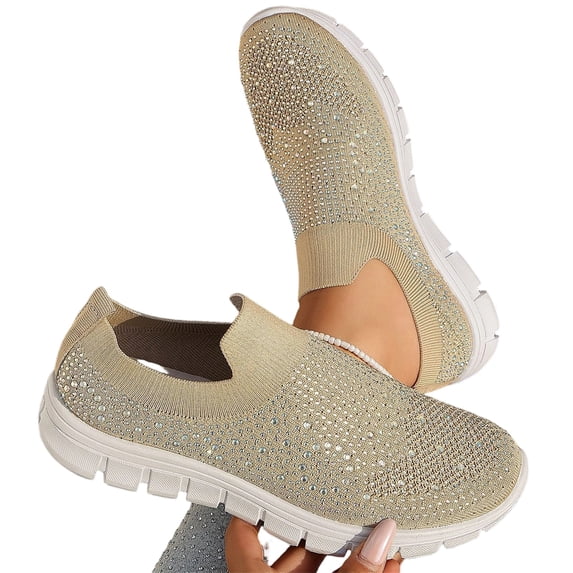 EKVAHL Women's Rhinestone Sneakers, Slip On Mesh Bling Walking Shoes, Breathable Fashion Casual Footwear for Daily, Party & Outdoor Activities Brown