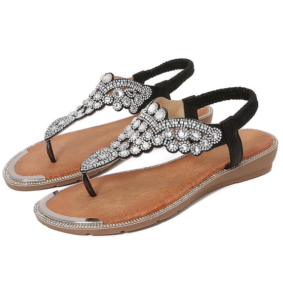 EKVAHL Women's Rhinestone Thong Flat Sandals T-Strap Fashion Sandals Ankle Strap Summer Sandals Summer Flat Flip Flops