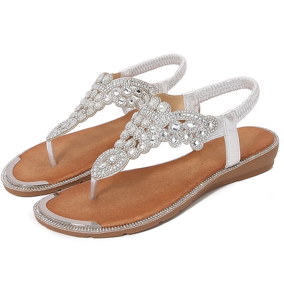 EKVAHL Women's Rhinestone Thong Flat Sandals T-Strap Fashion Sandals Ankle Strap Summer Sandals Summer Flat Flip Flops