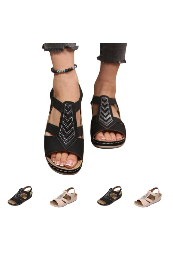 Women's Rhinestone Wedge Sandals, Open Toe T-Strap Sandals, Decorative Accents Slingback Platform Shoes Black