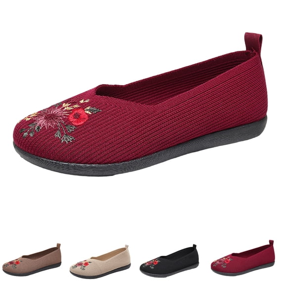 EKVAHL Women's Rib Knit Slip-On Flats, Chinese Floral Embroidered Trainers, Orthopedic Non-Slip Rubber Sole Casual Walking Ballet Flats Red