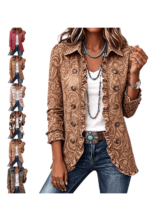 Women's Ruffle Trim Jackets Lapel Collar Double Breasted Floral Blazer Vintage Boho Casual Long Sleeve Coat for Daily Travel Office Wear Brown L