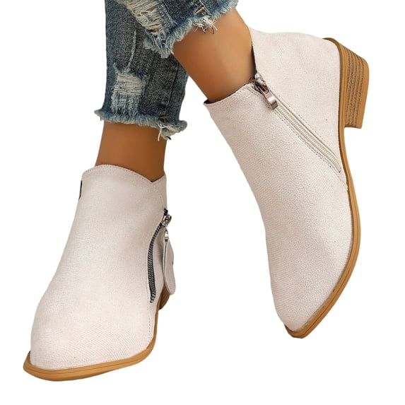 EKVAHL Women's Side Zip Ankle Booties, Faux Suede Block Heel Walking Boots, Non‑Slip Casual Dress Boots For Office Fall Winter Beige
