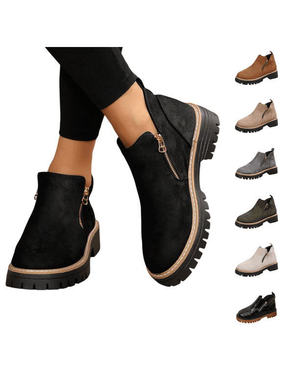 Women's Side Zipper Platform Ankle Booties, Faux Suede Lug Chunky Sole Fashion Short Boots, Round Toe Comfortable Anti-Slip Casual Walking Shoes Ankle Boots for Fall Winter