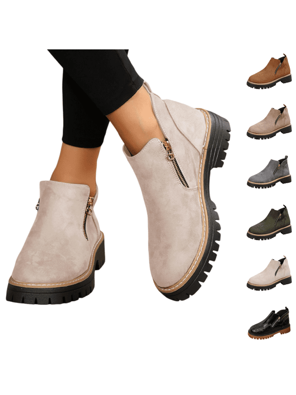 Women's Side Zipper Platform Ankle Booties, Faux Suede Lug Chunky Sole Fashion Short Boots, Round Toe Comfortable Anti-Slip Casual Walking Shoes Ankle Boots for Fall Winter